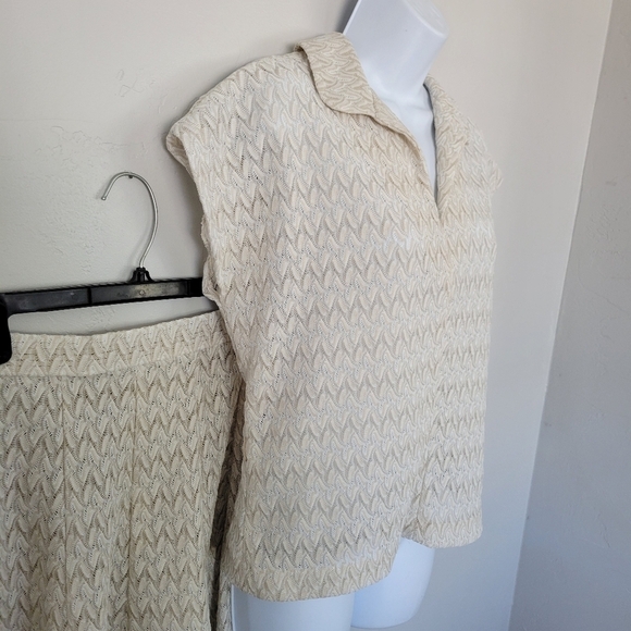 Alfred Weber Vintage Women's Two Piece Blouse Maxi Skirt Set Beige White Knit M - Picture 3 of 12